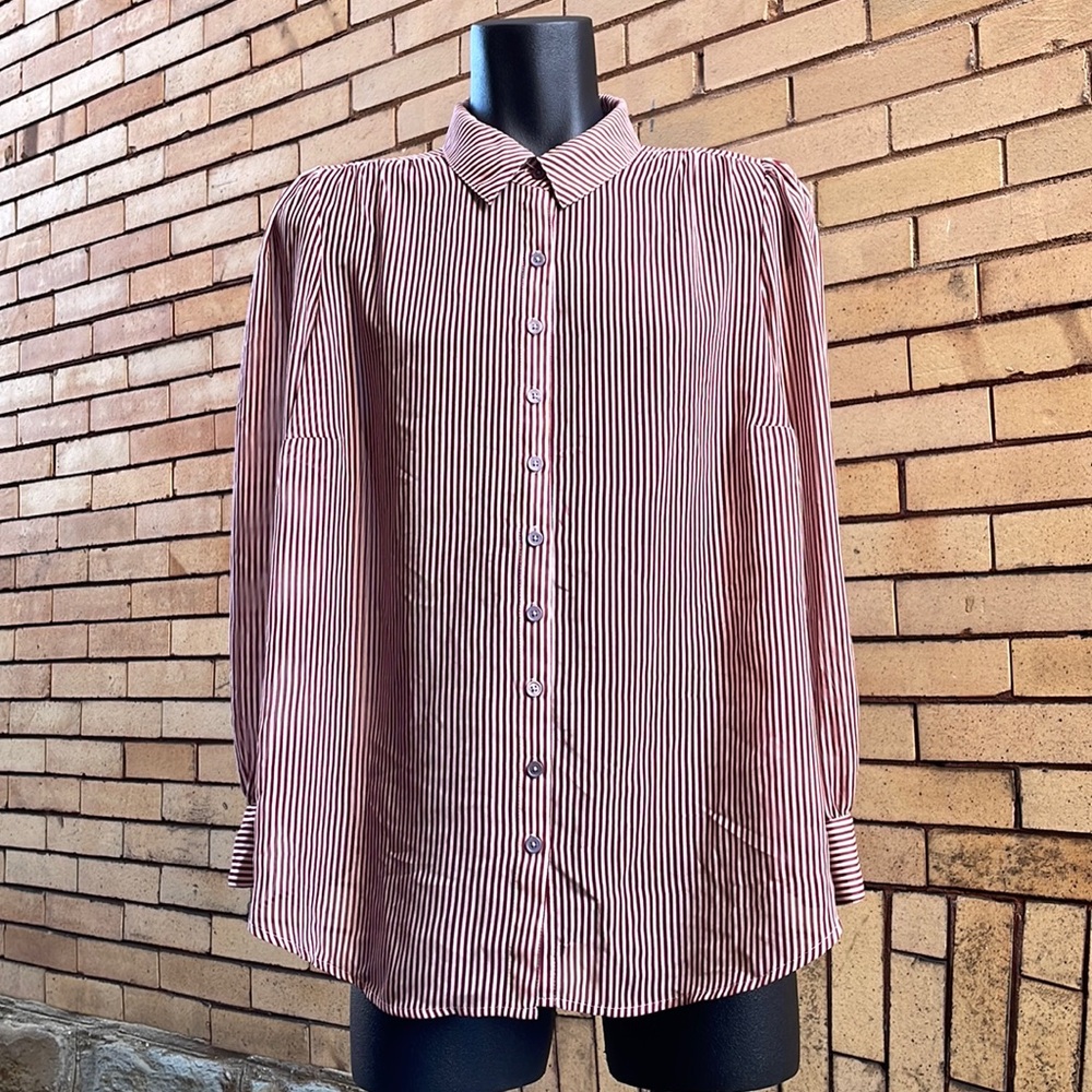 Modcloth wine berry semi sheer striped button blouse Size 2x